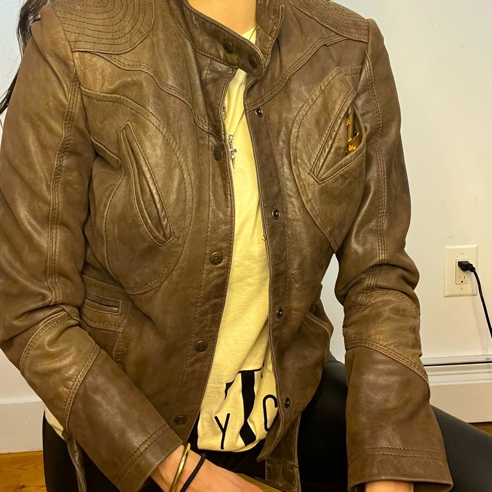 Desigual brown leather moto jacket